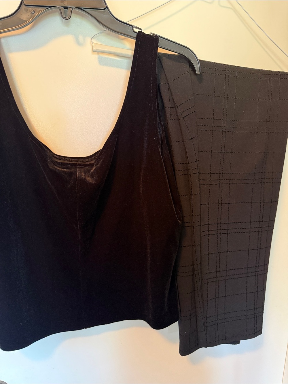 R&K Black Velvet Tank Top with Charcoal Plaid Straight-Leg Pants
